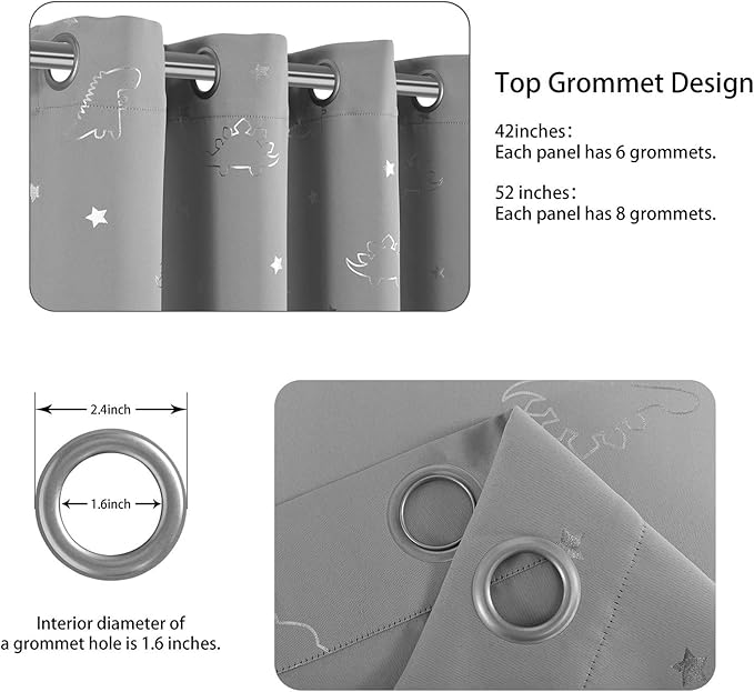 LORDTEX Dinosaur and Star Foil Print Blackout Curtains for Kids Room - Thermal Insulated Curtains Noise Reducing Window Drapes for Boys and Girls Bedroom, 42 x 63 Inch, Light Grey, Set of 2 Panels