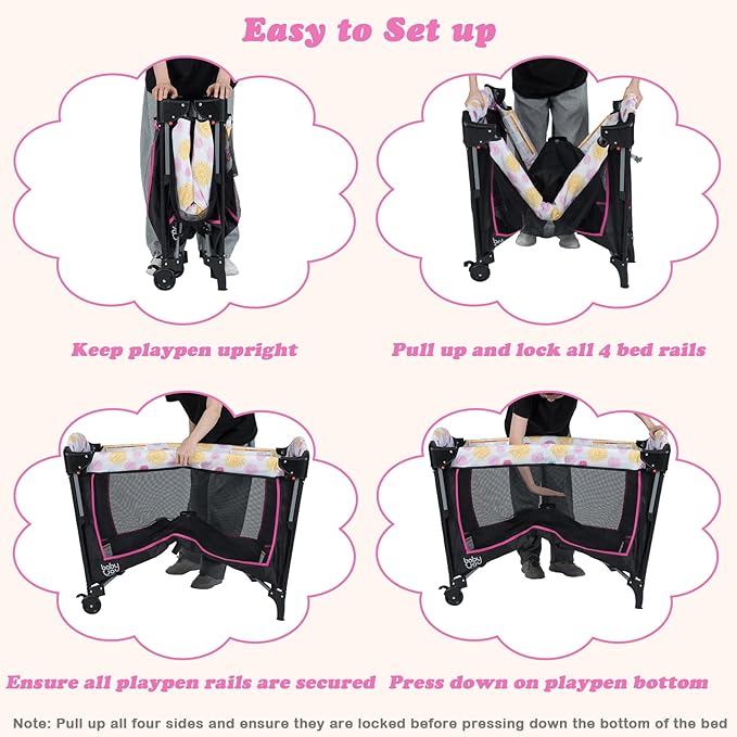 BABY JOY 4 in 1 Pink Pack and Play, Baby Bedside Sleeper with Bassinet, 3 Adjustable Heights, Music Box, Easy to Install, Foldable Bedside Crib w/Changing Table, Playards from Newborn to Toddlers Rose