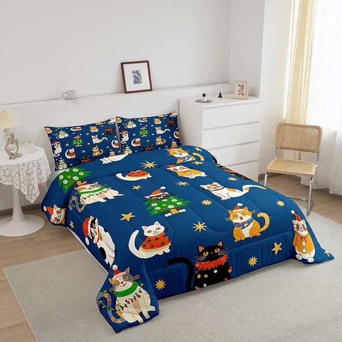 Erosebridal Merry Christmas Kids Cartoon Bedding Set Twin Size Cute Cat Comforter Set Xmas Tree Quilts for Teens Boys Girls Room Decor,Kawaii Animals Duvet Insert,Blue