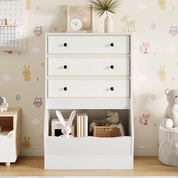 MHOM Toy Storage Organizer with Open Cube, Kids Bookshelf and Toy Storage with PU & Non-Woven Fabric Drawers, Small Book Shelf for Kids Rooms, Playroom and Nursery (White)