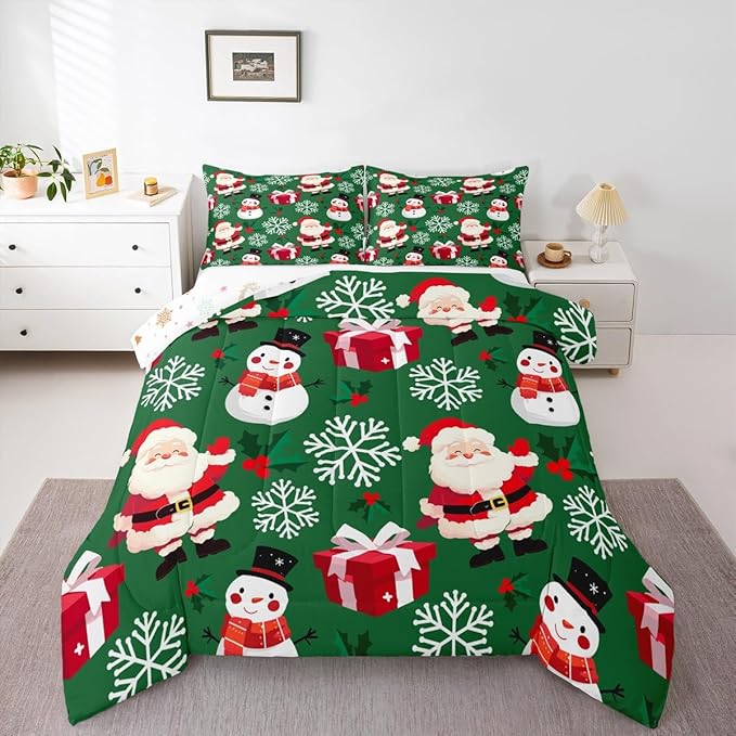 jejeloiu Merry Christmas Comforter Set Full Size Xmas Santa Claus Bedding Set for Kids Boys Girls Cute Snowman Duvet Quilt Green Bedroom Decor