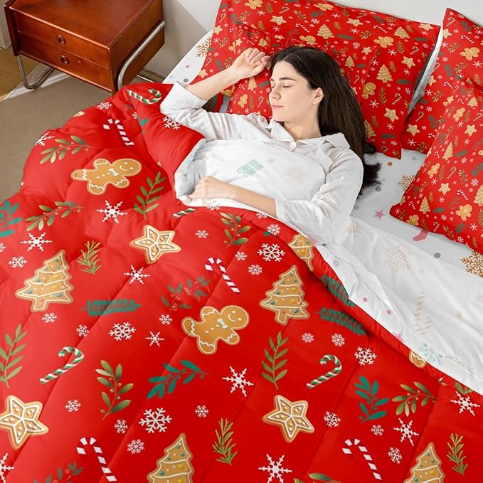Feelyou Christmas Tree Comforter Set Queen Size 7 Pieces Cute Gingerbread Man Bedding Set for Kids Boys Girls Red Botanical Bed in a Bag Reversible Xmas Decor Bedroom Quilted Breathable Soft