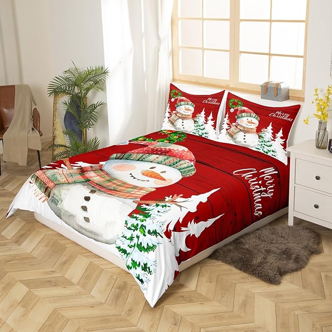 Merry Christmas Duvet Cover Set Queen Size, Cute Snowman and Xmas Tree Print Comforter Cover with 2 Pillowcases, Red Wooden Stripe Print Bedding Set 3pcs for Kids Girls Bedroom Decor,No Comforter