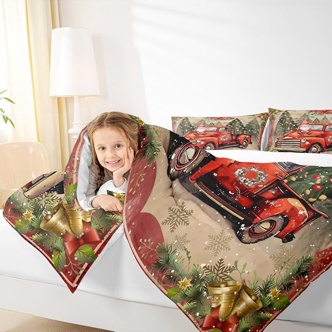 Manfei Red Truck Comforter Set Full Size, Xmas Trees Santa Claus Snowflake Bedding Set 3pcs for Kids Boys Girls Room Decor, Christmas Theme Down Comforter New Year Quilt Set with 2 Pillowcases