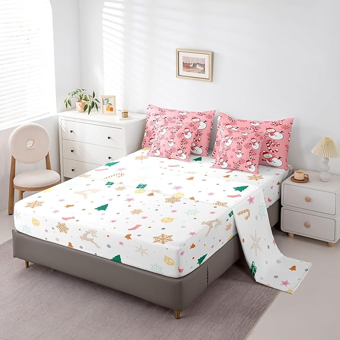 Christmas Kids Bedding Set Cartoon Snowman Comforter Set with Sheets for Boys Girls Snowflake New Year Decor Bed in a Bag Pink Xmas Theme Bed Set 7Pcs King Size