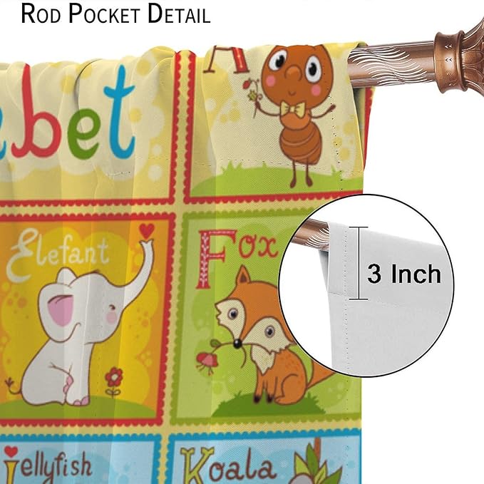 Alphabet Curtains Kids Educational Learning Tool Baby Cartoon Animals Colorful Curtain with Rod Pocket for Bedroom Living Room Decor Drapes Window Treatments 2 Panels Set 55" W X 63" L