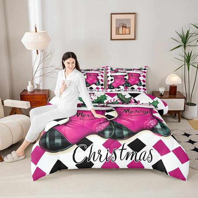 Feelyou Merry Christmas Comforter Set All Season Cartoon Shoes Bedding Set with 2 Pillow Cases Microfiber Kids Full Bedclothes Winter Bedroom Decor Duvet Quilt Breathable Soft