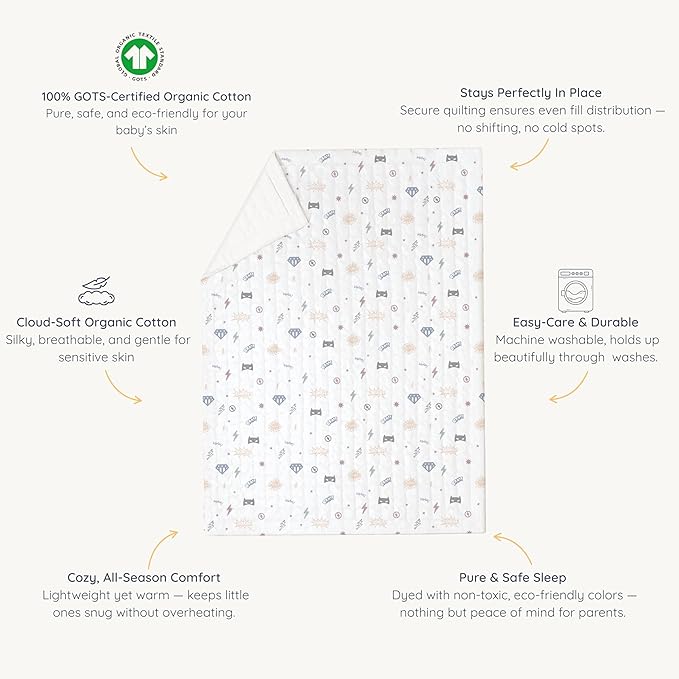 MakeMake Organics Organic Twin Comforter GOTS Certified Organic Kids Blanket Cotton Infill Tufted - Reversible Ultra Soft Breathable Boys Girls Superheros (68"x88", Mighty Heros)