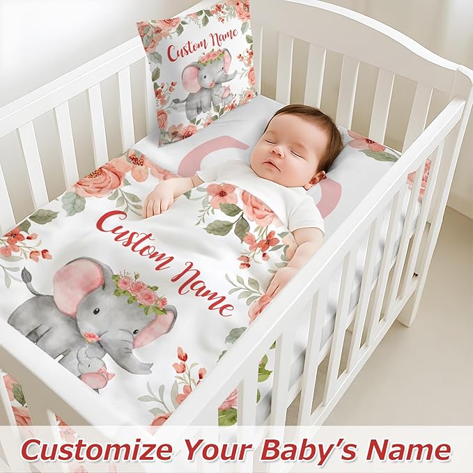 Personalized Baby Crib Bedding Set,3 Piece Custom Name Nursery Set with Blanket, Fitted Sheet & Pillowcase for Baby Girls & Boys, Elephant Floral Theme(Fixed Size)