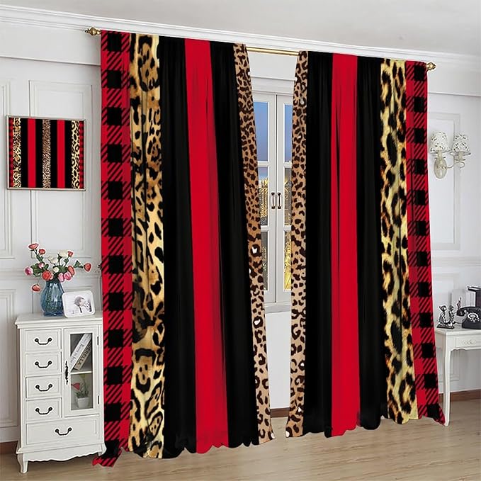 Leopard Skin Blackout Window Curtains, Brown Cheetah Red Black Plaid Stripe Print Window Drapes for Kids Boy Girls Bedroom Living Room 72" W X 63" L