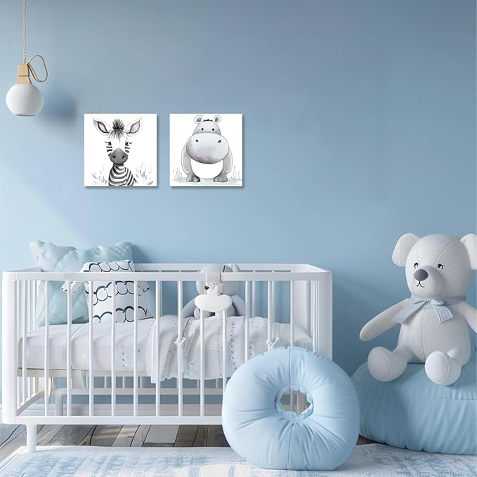 Baby Animal Framed Canvas Wall Art Set of 2 - Cute Baby Zebra Hippo Paintings Pictures Nursery Decor Wild Animals Posters Prints for Living Room Kids Room Decor(Artwork-01, 16"x16"x2P)
