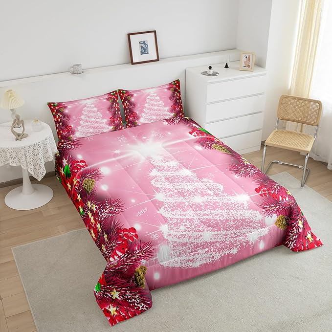 Feelyou Kids Merry Christmas Decorations Comforter Set, Kids Santa Tree Bedding Set Full Size for Boys Girls Teens Xmas Christmas Bell Decor Comforter Glitter Pink Quilt Set