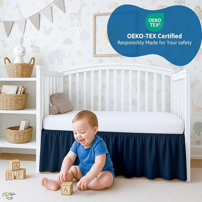 Cottington Lane Navy Blue Crib Skirt Dust Ruffle, 100% Natural Cotton, Soft, Durable Nursery Crib Toddler Bedding Skirt for Baby Girls or Boys, Fits Standard Cribs 28" x 52" with 14" Drop