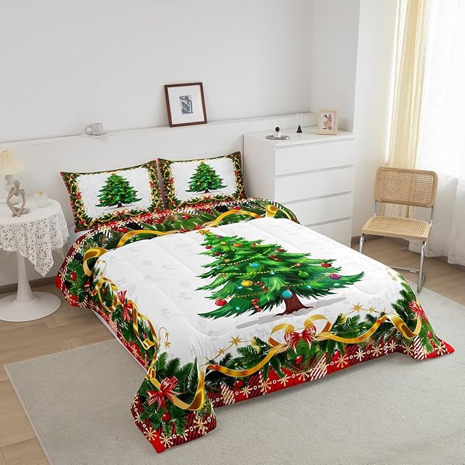 Christmas Tree Comforter Set King Size,Merry Christmas Duvet Insert for Kids Boys Girls Room Decor,Snowflake Bowknot Green Pine Leaves Bedding Set 3Pcs,Xmas Plaid Patchwork Quilt Set,2 Pillowcases