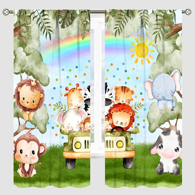 Woodland Kids Curtains Rustic Woodland Wild Animals Watercolor Forest Rainbow Sun Window Draeps for Baby Girls Boys Kids Nursery Bedroom Living Room 2 Panels, 63x63 Inch