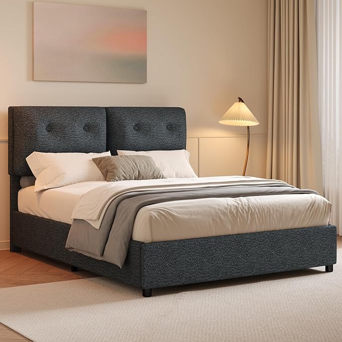Queen Bed Frame with Headboard, Cloud Boucle Upholstered Bed Frame, Modern Soft Style, Adjustable Headboard, No Box Spring Needed, Easy Assembly, Dark Grey