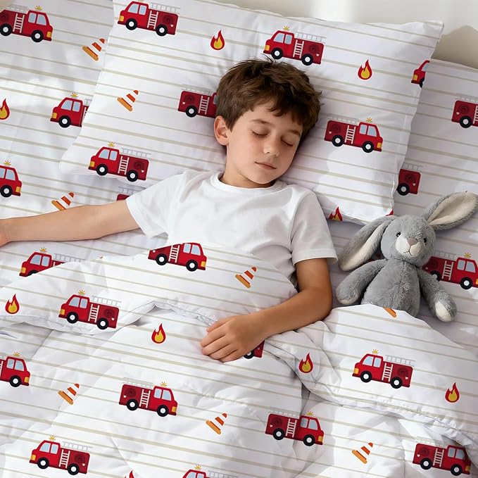 LONAVA Twin Kids Comforter Set - 4 Pieces Twin Bedding Sets for Boys Girls Children, Ultra Soft Microfiber Bed in A Bag with Flat Fitted Sheets, Fire Truck