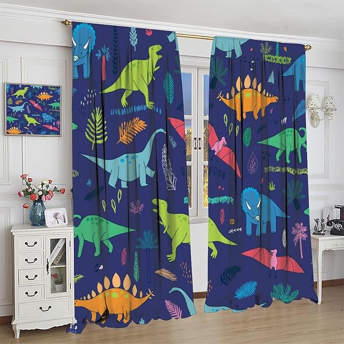 Dinosaurs Blackout Curtains Cute Cartoon Animals Dino Tropical Plant Colorful Art Print for Kids Boys Bedroom Living Room Rod Pocket Decoration Window Drapes 2 Panels W21xL54in