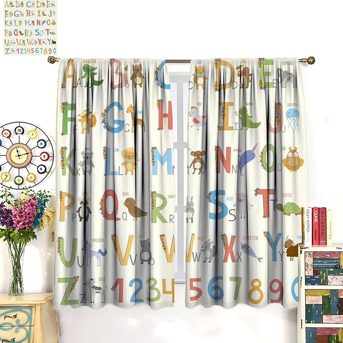 Kids Alphabet Curtains Funny Letter Education Cute Cartoon Animal Printed Curtain with Rod Pocket for Bedroom Living Room Home Decor Drapes Window Treatments 2 Panels Set 84" W X 84" L