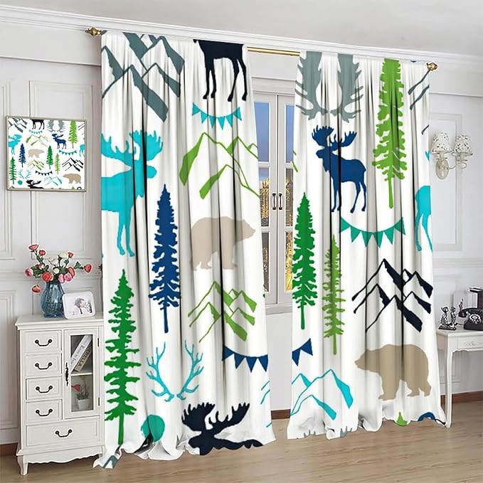 Forest Woodland Curtains, Wild Nature Bear Moose Deer Pine Trees Mountain Cabin Lodge Blackout Rod Pocket Windows Door Curtain for Bedroom Living Room Home Decor 63x72in