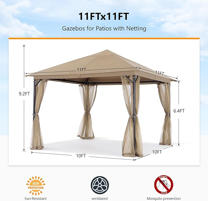 ABCCANOPY Outdoor Patio Gazebo 11x11 - Single Roof Canopy with Mosquito Netting for Backyard, Deck, Garden, Lawn, Khaki