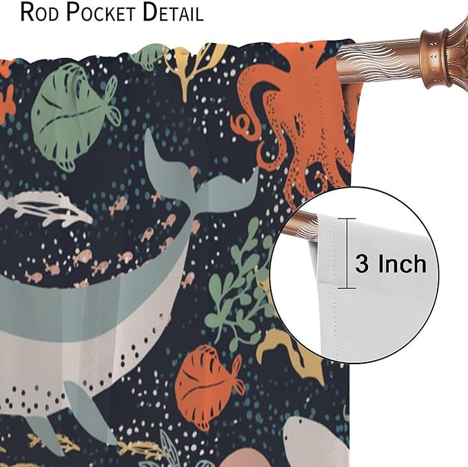 Sea Animals Curtain Cartoon Fish，Undersea Cute Whales Dolphin Underwater Wild Life Blue Ocean Boys Girls Waterproof Polyester Fabric Bedroom Decoration Set 2 Panels,42x63 Inches