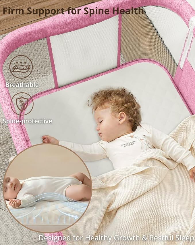 Baby Bassinet Bedside Sleeper, 3 in 1 Rocking Bassinet for Baby, Arms Reach Co Sleeper Bassinet with Wheels, Adjustable Height, Storage, Mattress & Canopy (Pink)