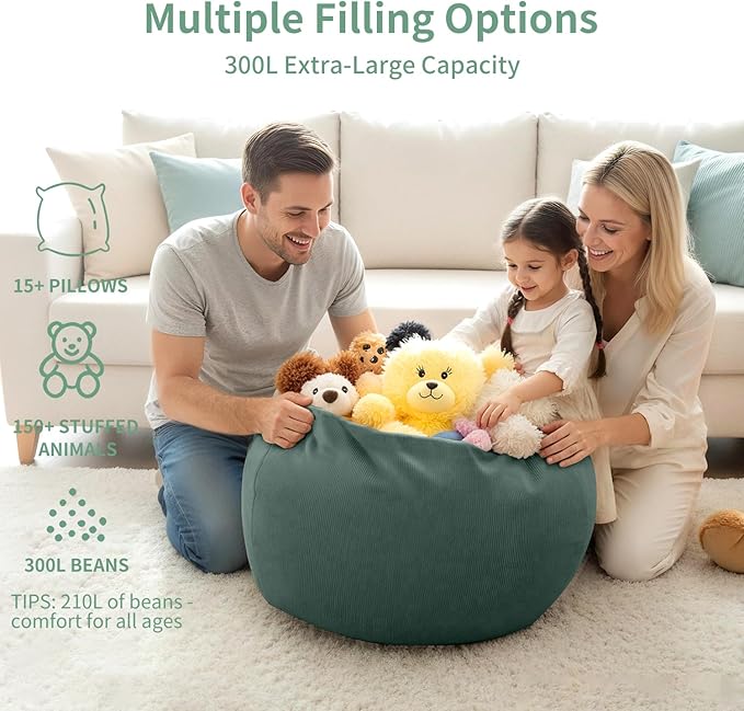Nobildonna 3 ft Bean Bag Chair Cover (No Filler) 35"×43" Large Stuffed Animal Storage Bean Bag Washable Big Beanbag Chair Cover Premium Corduroy Stuffable Bean Bag Cover for Adults,Kids,Green 300L