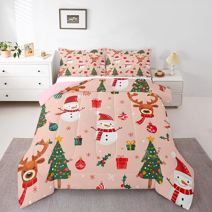 Feelyou Christmas Comforter Set Twin Size Snowman Bedding Set for Kids Boys Girls Deer Xmas Tree Duvet Quilt New Year Gift Bedroom Decor Snowflake Microfiber 2 Pcs with 1 Pillow Cases