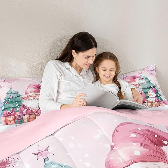 Feelyou Pink Christmas Comforter Set All Season Santa Claus Bedding Set with 2 Pillow Cases Cute Snowflake Kids King Bedclothes Merry Christmas Tree and Snowman Decor Duvet Quilt Soft