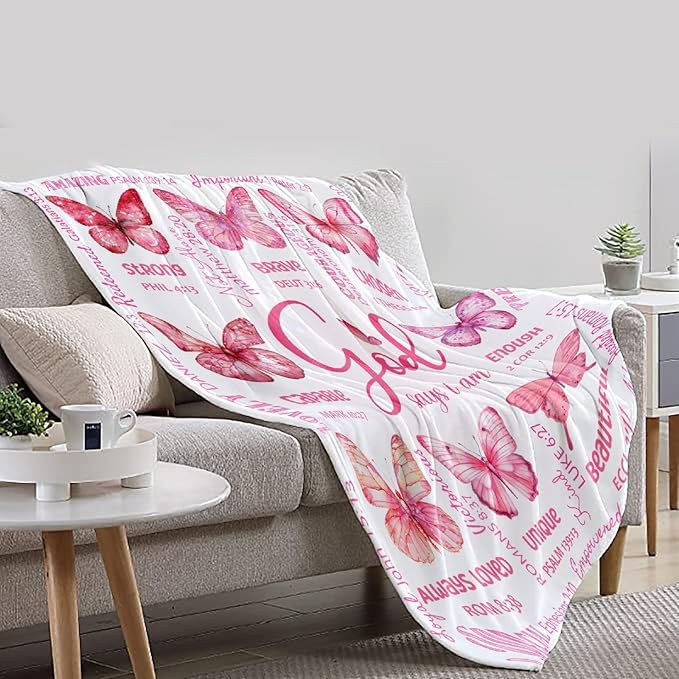 Butterfly Bible Verse Blanket, Inspirational Scripture Religious Gifts for Christian, Warm Soft Flannel Bible Throw for Bed Sofa Decoration 60"x80" for Adult