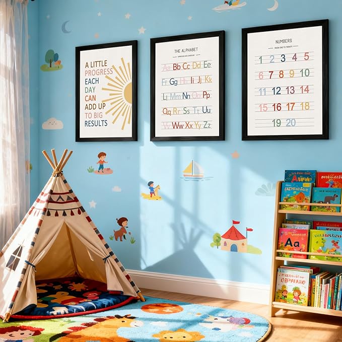 3 PCS Alphabet Numbers Framed Playroom Wall Decor,Classroom Must Haves,A Little Progress Each Day Boho Educational ABC Poster Wooden Sign for Baby Girl Kid Boy Toddlers,Neutral Preschool English Letters Nursery Decor for Homeschool Kindergarten Kids Le...