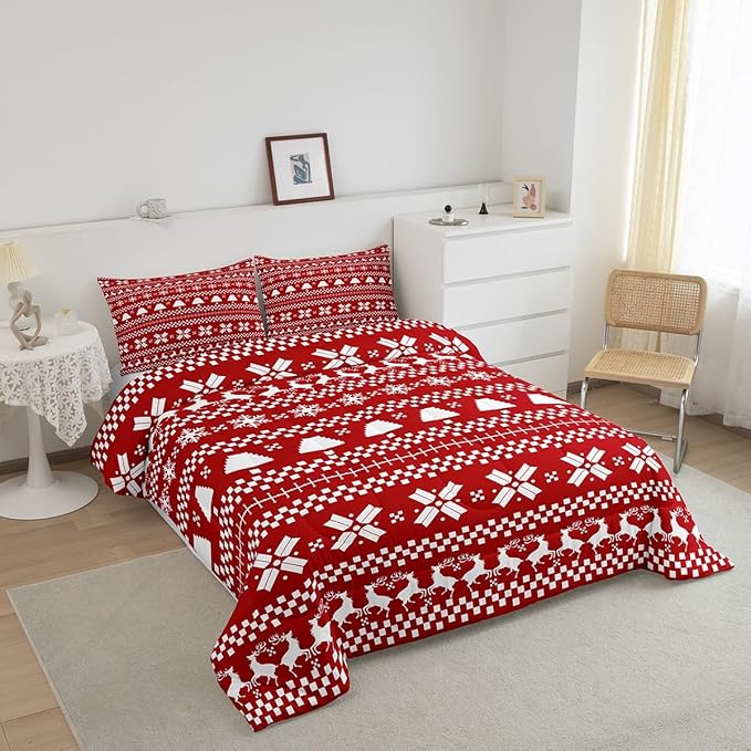 Feelyou Red Christmas Bedding Set for Kids Boys Girls King Size Xmas Deer Decor Comforter Set Ultra Soft Xmas Snowflake Comforter Winter Duvet Quilt Bedroom Decor Christmas Decor Quilt