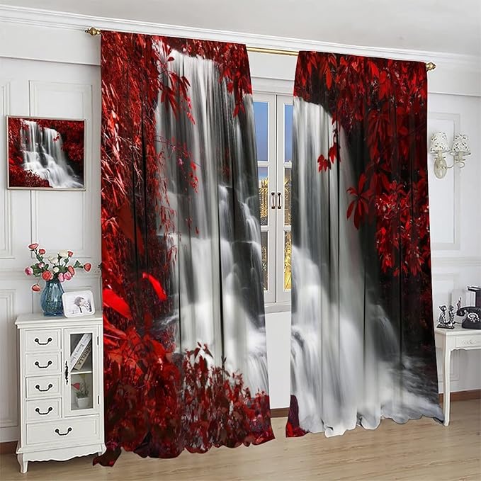 Red Forest Waterfall Blackout Windows Curtains, Waterfall Red Forest Black and Red Natural Landscape Print Window, for Living Room Bedroom 52x84in 2 Panels