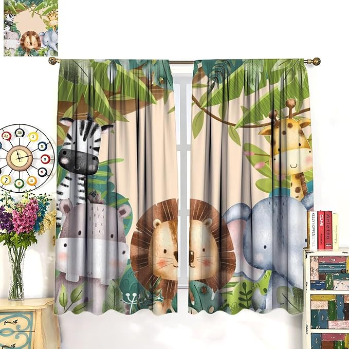 Jungle Animals Curtains Colorful Forest Cartoon Wildlife Lion Giraffe Elephant for Kids Boys Girls Nursery Bedroom Living Room Blackout Rod Pocket Decoration Window Drapes 2 Panels W21xL63in