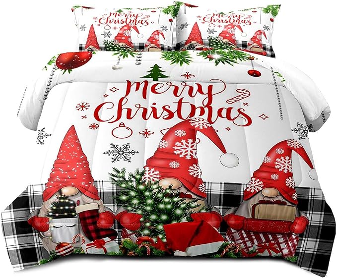 LUVIVIHOME 3PCS Christmas Comforter Set King Size, Funny Cute Gnome Bedding, Black & White Plaid Snowflake Xmas Merry Christmas Bedroom Decor for Kids Girls Boys Teens White Quilt, 2 Pillow Cases