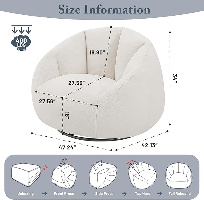 Giant Bean Bag Swivel Chair for Adults - Comfy Plush Round Shell Soft Accent Chair, Oversized Cozy Floor Sofa for Living Room, Bedroom & Game Rooms, Beige