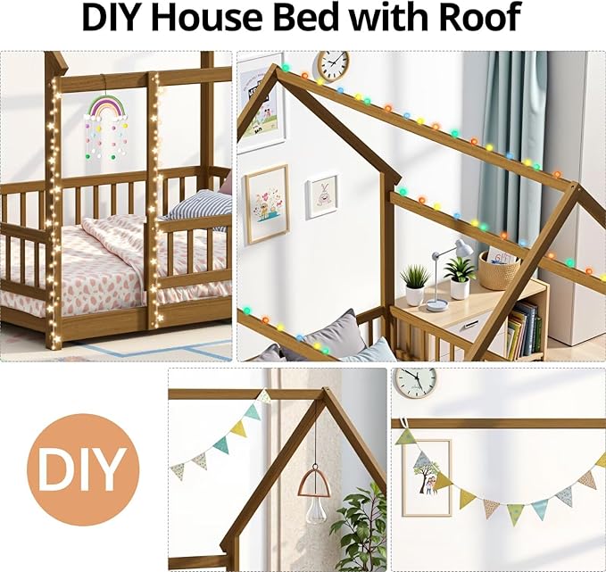 LLS Queen Size Montessori Floor Bed Frame with Slats and Fence, Wooden House Bed for Boys Girls Bedroom, Light Espresso