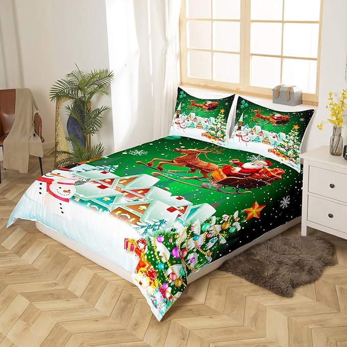 Manfei Christmas Duvet Cover Set Twin Size, Snowman Xmas Tree Comforter Cover with 1 Pillowcase, Santa Claus with Deer Bedding Set for Kids Boys Girls New Year Theme Bedspread Cover, No Comforter