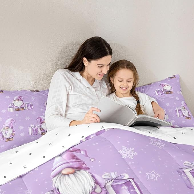 Feelyou Purple Christmas Kids Comforter Set Full Size Scandinavian Christmas Santa Gnomes Bedding Set Xmas Snowflake Duvet Quilt for Kids Boys Girls Bedroom Decor Ultra Soft Breathable