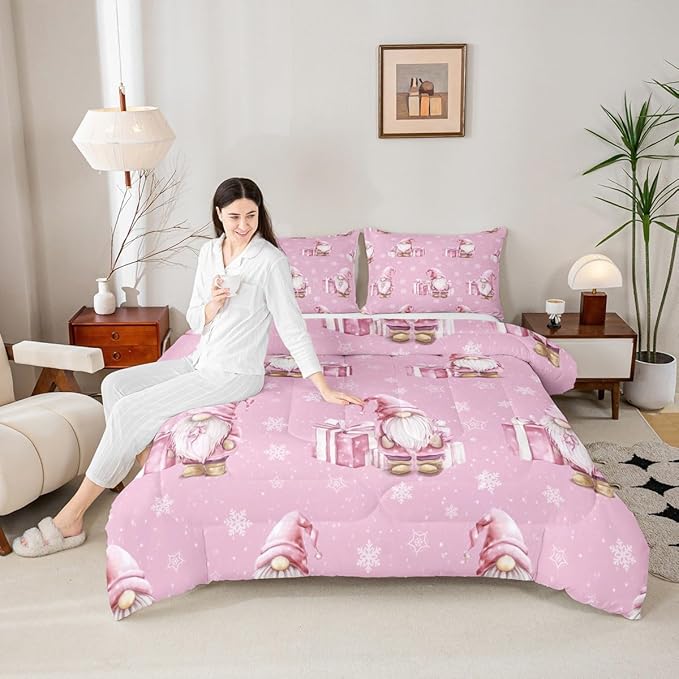 Feelyou Pink Christmas Bedding Set Soft for Boys Girls, Scandinavian Christmas Santa Gnomes Comforter Set Twin Size Xmas Snowflake Duvet Quilt Bedroom Decor 2 Pcs with 1 Pillow Cases