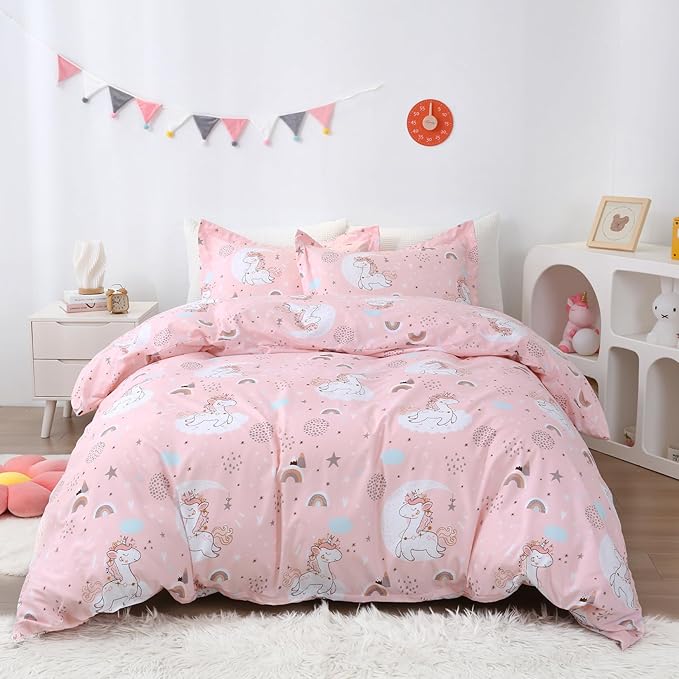 JSD Pink Unicorn Kids Duvet Cover Set Full Size, 3 Piece Girls Printed Microfiber Bedding Comforter Cover with Pillow Shams Zipper Closure, Comforter Not Included