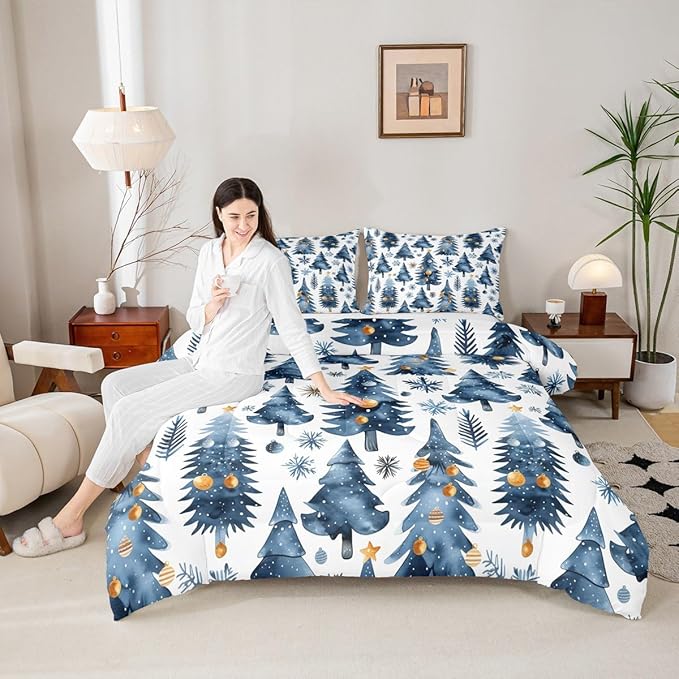 Feelyou Christmas Kids Comforter Set Full Size Xmas Tree Bedding Set Snowflake Duvet Quilt for Kids Boys Girls Bedroom Watercolor Blue Decor Microfiber Ultra Soft Breathable