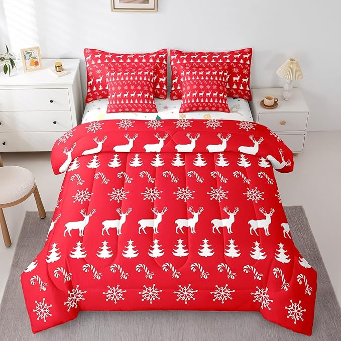 Erosebridal Christmas Queen Bedding Set 7 Piece,Xmas Elk Deer Bed in A Bag,Winter Snowflake Comforter Set Candy Pine Tree Sheet Set with Comforter,Red Christmas Decoration