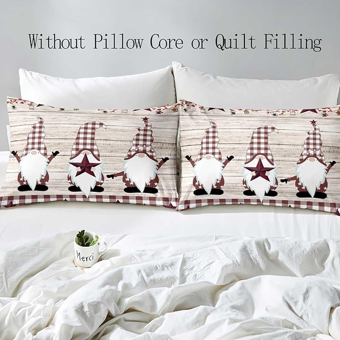 LUVIVIHOME 3PCS Christmas Gnome Duvet Cover Full Bedding Set, Primitive Country Rustic Farmhouse Bedding, Holly Berry Star Red Buffalo Plaid Checkered Comforter Bedspread Quilt Cover, 2 Pillow Shams