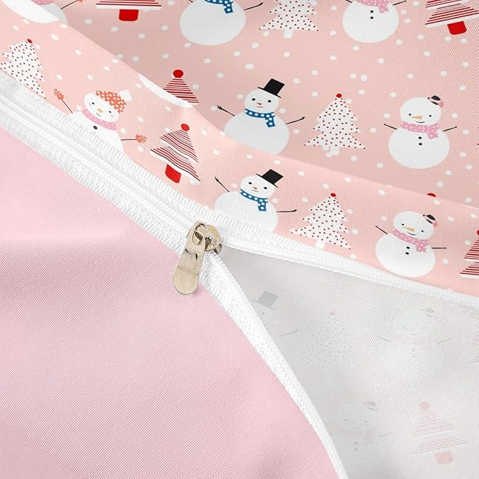 Christmas Duvet Cover Cartoon Snowman Christmas Tree Bedding Set Snowflake Comforter Cover for Boys Girls Children Teens Bedroom Decor Pink Xmas Theme Bedspread Cover Twin Size With 1 Pillow Case