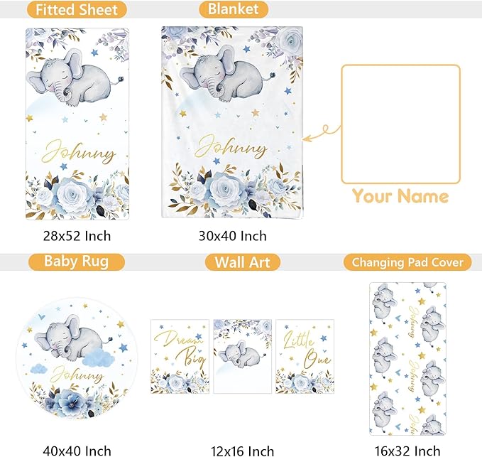 Custom Baby Crib Bedding Set, 5 Pcs Personalized Name Baby Crib Sets for Infant Toddler, Blue Elephant Nursery Bedding Set for Boy Girl, Double Layer Flannel Baby Bedding Sets Customized Gifts