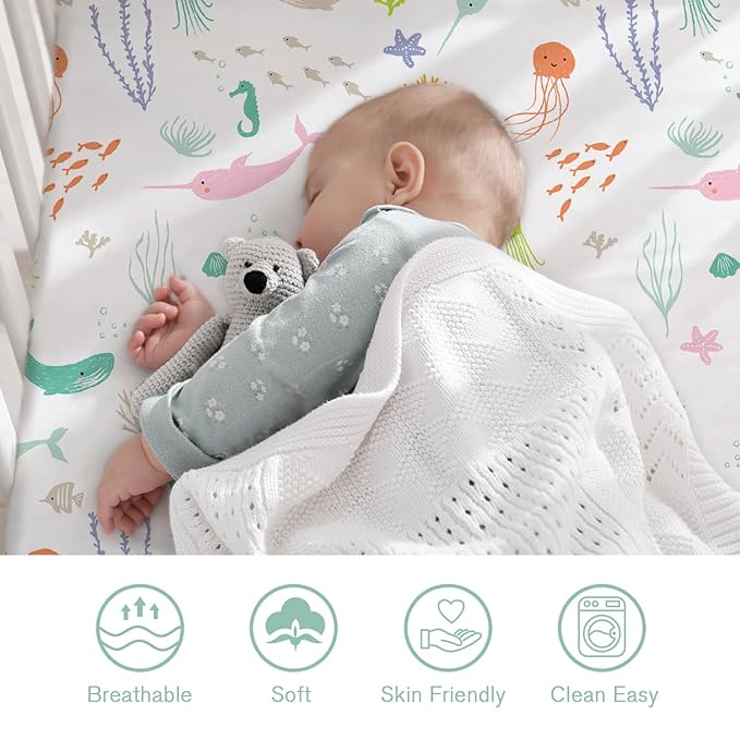 Little Grape Land Crib Sheets for Boys and Girls, 2-Pack Soft Microfiber Fitted Baby Sheets for Standard Crib and Toddler Mattress – Breathable & Secure (Ocean & Green)