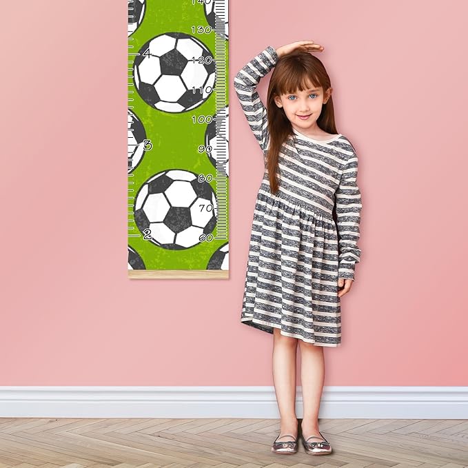 Personalized Kids Name Growth Chart Ruler for Wall Wood Frame Height Measure Chart 13.4x56 in Linen Hanging Height Growth Chart Football Soccer Green Kids Room Decor