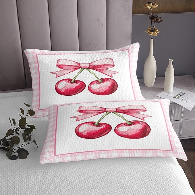 Cherry Bowknot Kids Bedspread King Size,Geometric Plaids Grids Patchwork Fashion Coverlet Set,Girls Women Room Decor,Bow Tie Princess Dreamy Quilted Coverlet,Pink Cute Bedding Quilt,2 Pillowcases